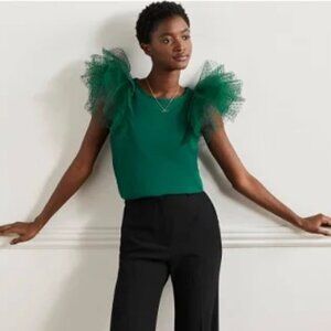 NWT Boden Polka Dot Tulle Statement Shoulder Ruffle Jersey Forest Green US4